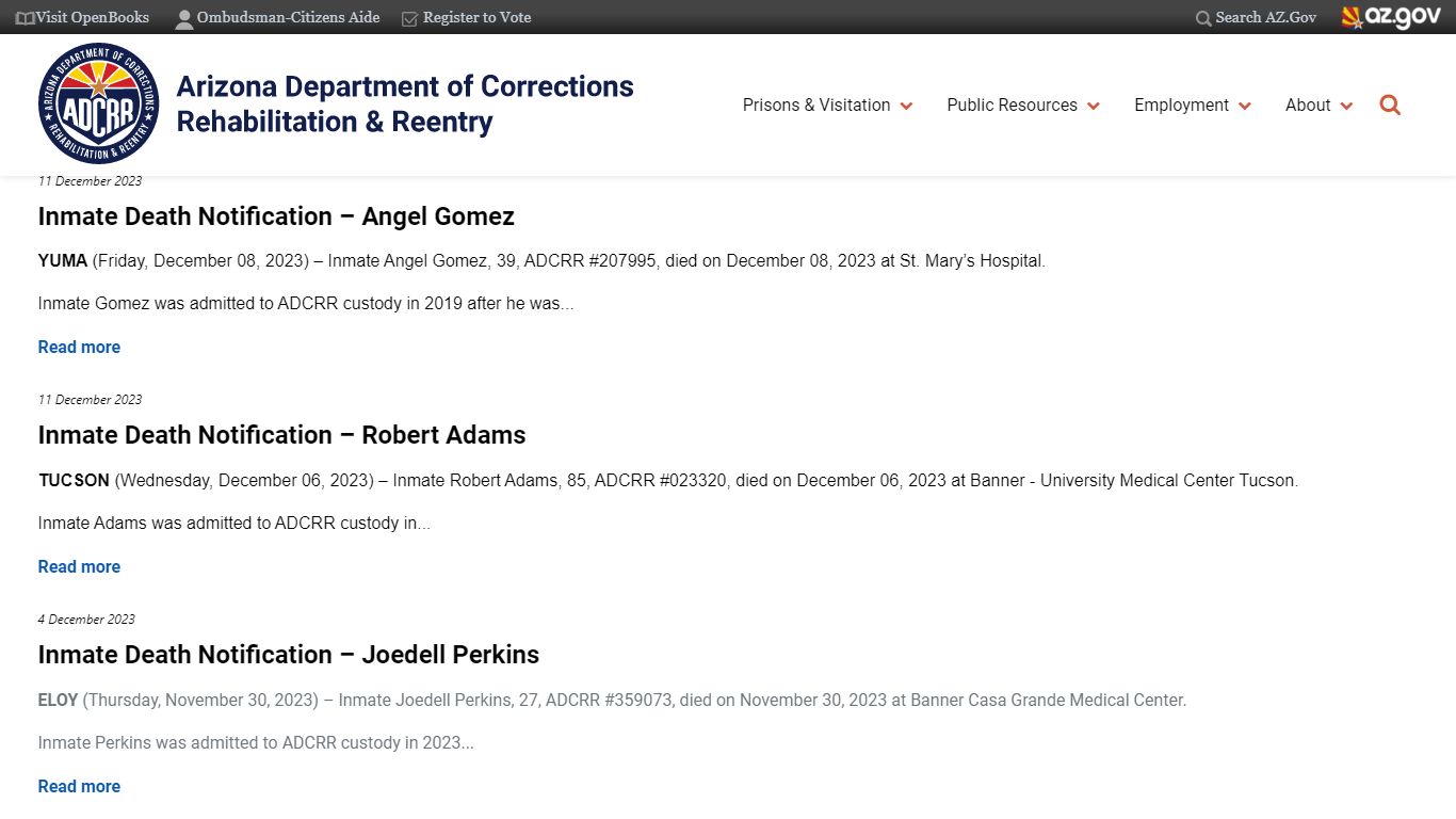 Inmate Death Notification | Arizona Department of Corrections ...